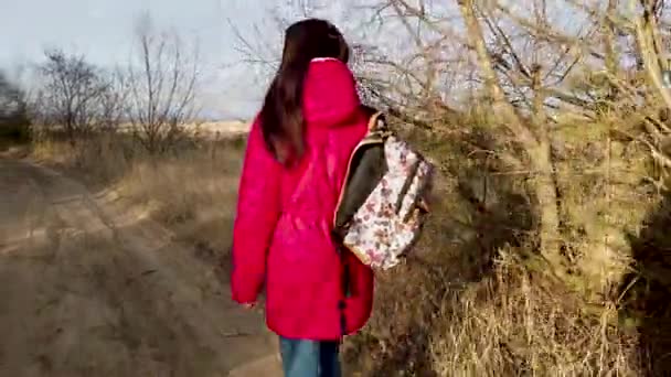 Young woman walking on footpath. Back view of young female with colorful backpack getting down on path of countryside in spring day — Stock Video