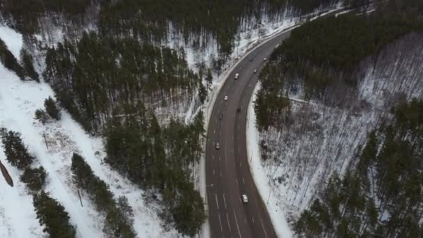 Cars Road Winter Snow Covered Trees Aerial View — Stock Video