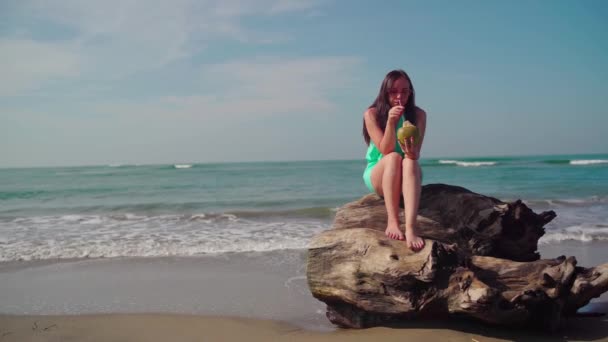 Beautiful Young Woman Drinking Coconut Sea Ocean — Stock Video