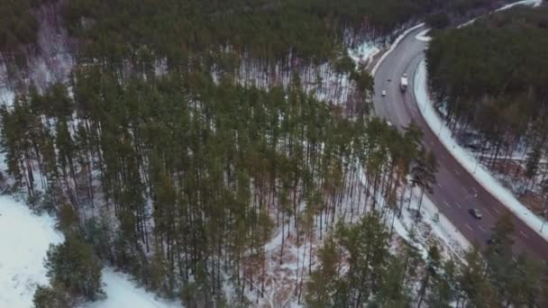 Samochody Drodze Zimie Pokryte Śniegiem Drzewa Widok Lotu Ptaka — Wideo stockowe