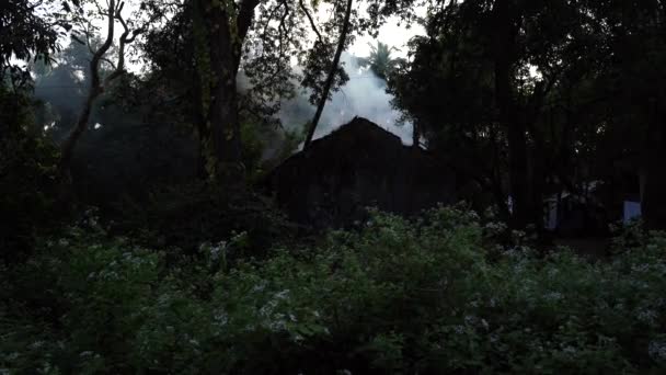 森の中で家が燃えて火がつく。田舎で小屋が燃えている。 — ストック動画