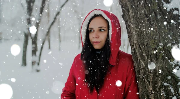 Portrait of young woman in red jacket and hood in winter season. Beautiful lady stands near tree and looks away. Fluffy snow envelops everything around. — Stock Photo, Image
