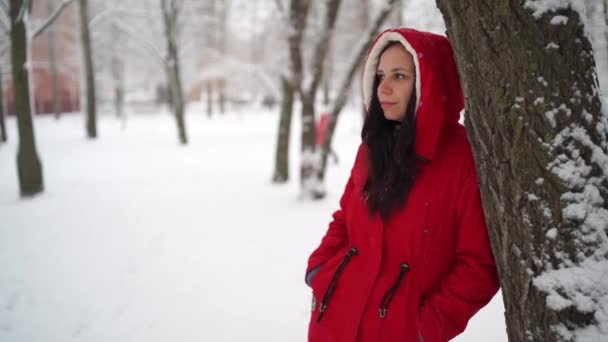 冬天在公园里的女人 — 图库视频影像