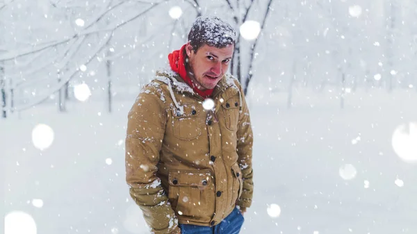 Retrato de jóvenes vestidos de chaqueta y vaqueros en temporada invernal. Un hombre agradable se pone de pie y escuche en el parque de invierno. La nieve fluida lo rodea todo.. —  Fotos de Stock