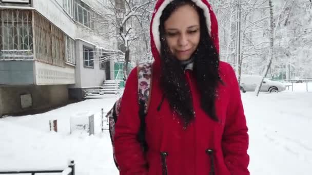 Mulher Andando Rua Dia Inverno — Vídeo de Stock