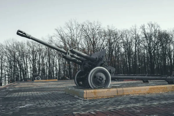 Tankelhárító a katonai parkban. Régi tankelhárító ágyú emlékmű piedesztálra szerelve télen a katonai parkban — Stock Fotó