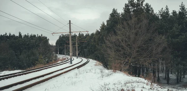 Ferrovie ferroviarie nella stagione invernale. Bellissimo paesaggio di campagna. Ferrovia tracciata attraverso la foresta . — Foto Stock