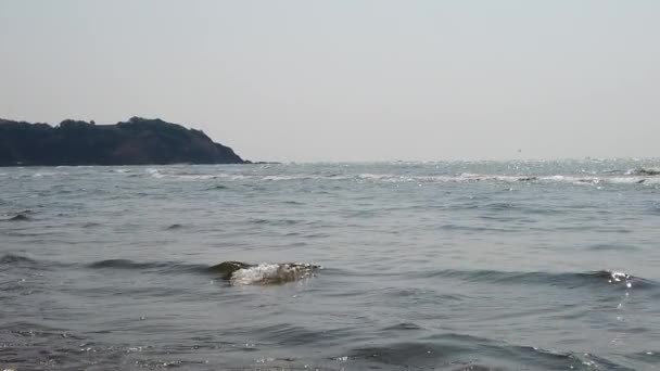 阳光明媚的日子里 清澈的海水在潮湿的沙滩上翻滚 — 图库视频影像