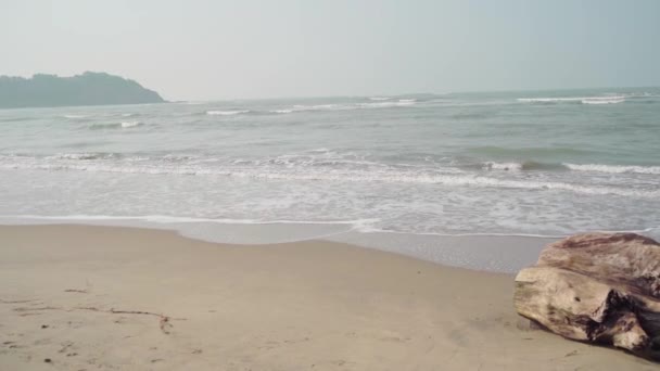 水面上浪花汹涌. 阳光灿烂的日子里，清澈的海水在潮湿的沙滩上翻滚 — 图库视频影像