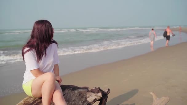 Mulher bonito está na praia de areia perto do mar. Feminino turista sorrindo feliz no dia ensolarado à beira-mar. — Vídeo de Stock