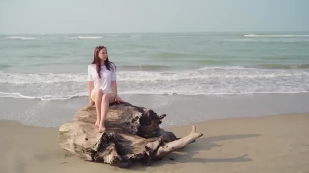Stilig kvinna står på sandstrand nära havet. Kvinnlig turist ler glatt i solig dag på stranden. — Stockvideo