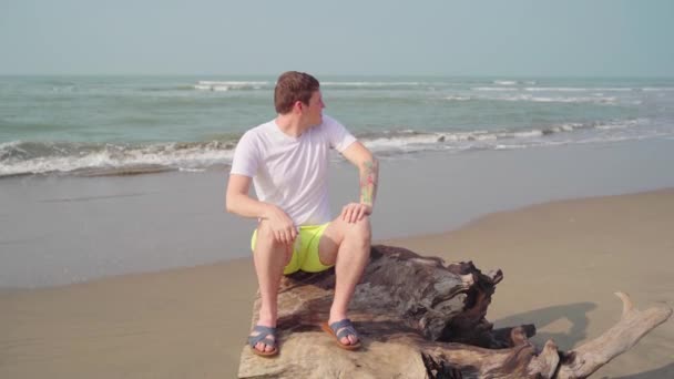 A nyugodt ember ráül a farönkre, és félrenéz. Férfi turista ül a driftwood és nézi a távolságot, pihen a homokos strandon, közel hullámzó tenger. — Stock videók