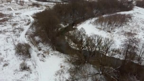 Fluss an einem kalten Wintertag. Friedliches Wasser im Fluss und an einem kalten grauen Tag in der Winterlandschaft — Stockvideo