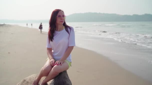 Relaxed woman sitting on log and looking away. Female tourist resting on sandy beach near waving sea. — Stock Video