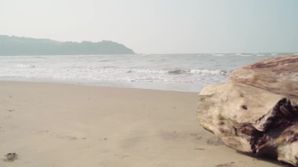 Schäumende Meereswellen an Land. schäumende Wellen sauberen Meerwassers rollen auf nassen Sandstrand an sonnigen Tagen auf Resort — Stockvideo