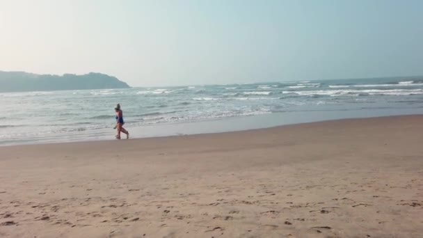 La marée basse de la plage de sable fin. Les vagues océaniques éclaboussent le rivage . — Video