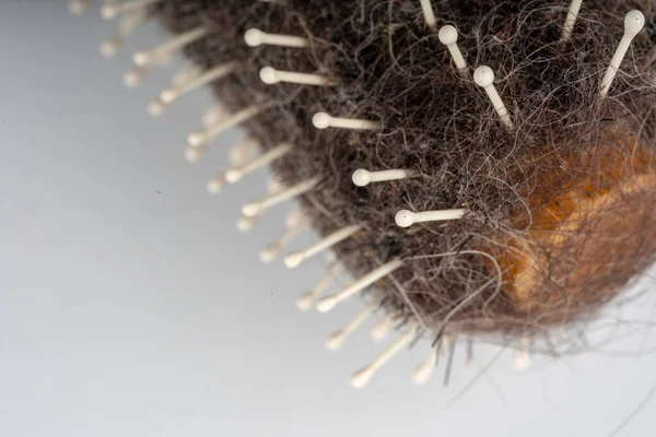 Eski Kirli Saç Fırçasını Kapat Beyaz Arkaplanda Farklı Saçlara Sahip — Stok fotoğraf