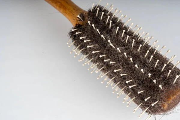 Close Old Dirty Hairbrush Comb Different Hair White Background — Stock Photo, Image