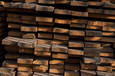 İnşaat alanında çam ağacı kereste yığını. Endüstriyel kereste üretim malzemeleri