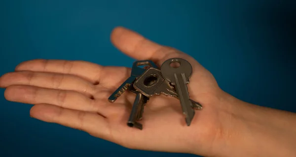 Huddle of keys on woman\'s palm on blue background.