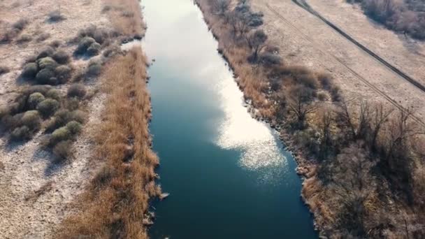 Rustige rivier op het platteland. Van boven, een geweldige rivier met rustig water gelegen naast een voorjaar bos in de natuur. Een smalle, kronkelende rivier die door een bos van bomen stroomt. — Stockvideo