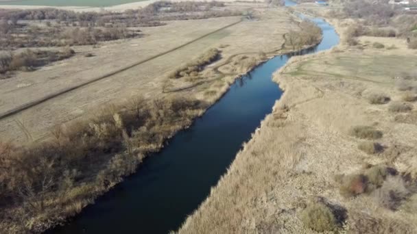 Lugn flod på landet. Från ovan, en fantastisk flod med lugnt vatten som ligger intill en vårskog i naturen. En smal, slingrande flod som rinner genom en träddunge. — Stockvideo