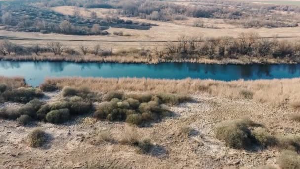 Quiet river in the countryside. From above, an amazing river with calm water located next to a spring forest in nature. A narrow, winding river that runs through a grove of trees. — Stock Video