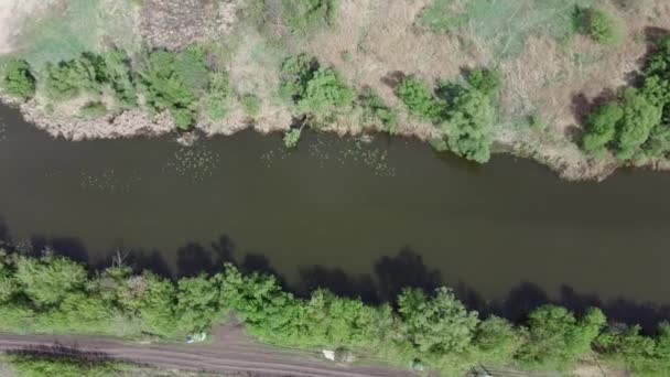 Vista aérea del lago en el campo en el día soleado. Pájaros vista del lago se extiende en longitud en el área rural . — Vídeos de Stock