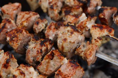 Bahar bahçesindeki ızgarada domuz eti. Doğadaki mangal üzerinde shashlik pişirmek. Shashlik kömürde yemek pişiriyor.