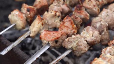 Bahar bahçesindeki ızgarada domuz eti. Doğadaki mangal üzerinde shashlik pişirmek. Shashlik kömürde yemek pişiriyor.