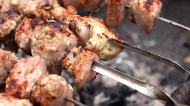 Bahar bahçesindeki ızgarada domuz eti. Doğadaki mangal üzerinde shashlik pişirmek. Shashlik kömürde yemek pişiriyor.