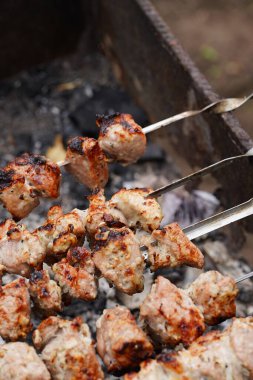 Şişte kızartılmış şiş kebap yakın çekim. Izgarada kızaran sulu barbekü..