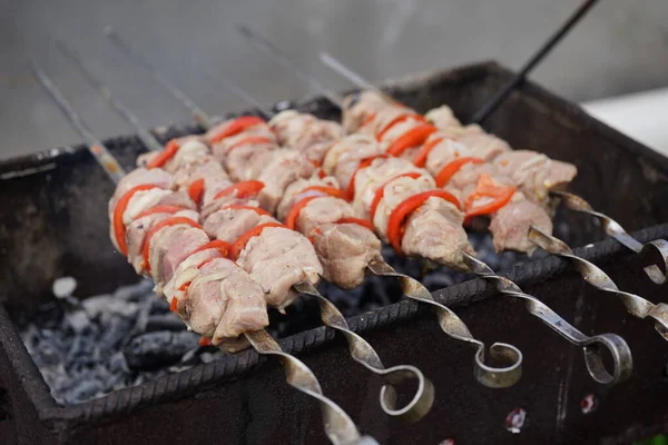 Şişler üzerindeki çiğ şiş kebabı kapat. Izgarada kızaran sulu barbekü..