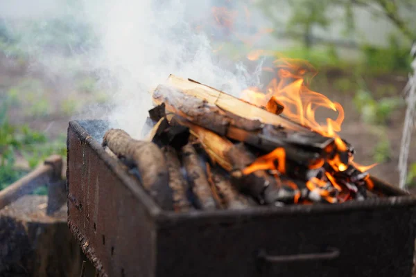 Close Fire Chargrill Dry Sticks Smoulder — Stock Photo, Image