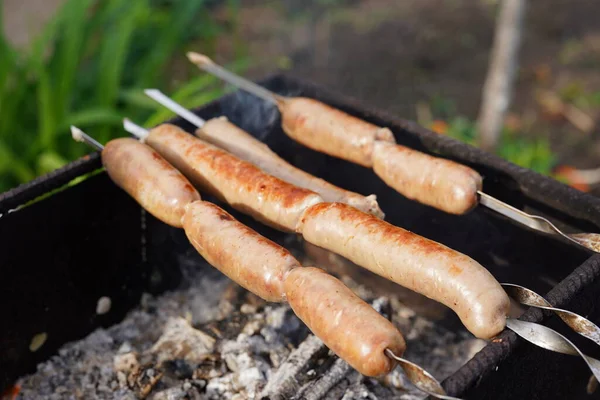 Zblízka Opékané Klobásy Špejlích Šťavnaté Kupaty Pečení Grilu — Stock fotografie