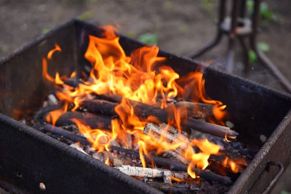 Close Fire Chargrill Dry Sticks Smoulder — Stock Photo, Image