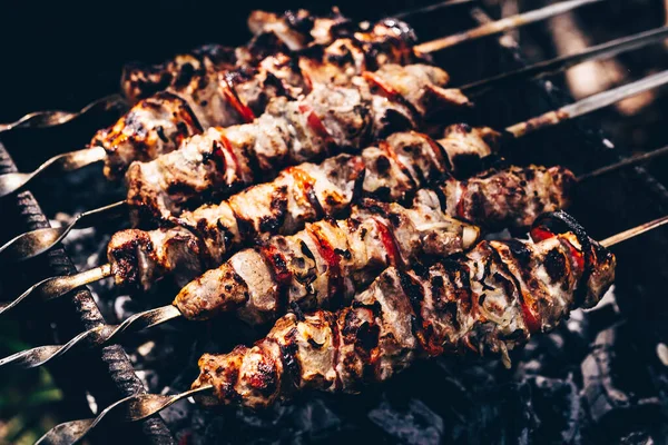 Primo Piano Shashlik Tostato Sugli Spiedini Succulenta Grigliata Arrosto Chargrill — Foto Stock