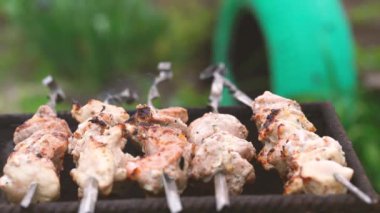 Şişte kızartılmış şiş kebap yakın çekim. Izgarada kızaran sulu barbekü..