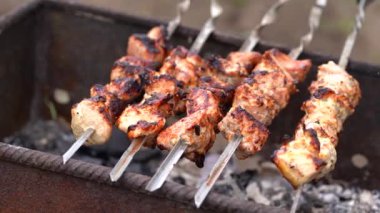 Şişte kızartılmış şiş kebap yakın çekim. Izgarada kızaran sulu barbekü..