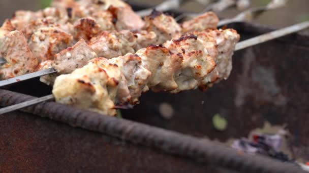 Feche Shashlik Torrado Espetos Assar Churrasco Suculento Chargrill — Vídeo de Stock