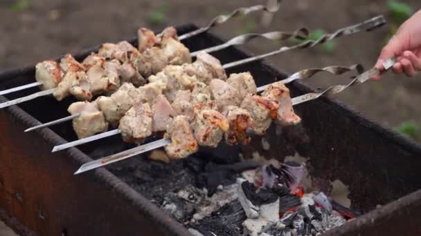 Sluiten Van Geroosterde Shashlik Spiesjes Sappige Barbecue Roosteren Chargrill — Stockvideo