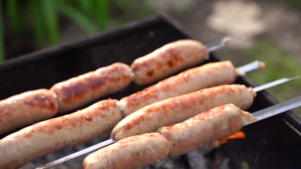 把烤香肠贴在绞架上 烧烤炉上的油腻烤肉 — 图库视频影像
