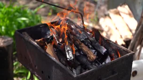 靠近烤肉架上的火堆 干枝发霉 在烤架上烹调的概念 — 图库视频影像