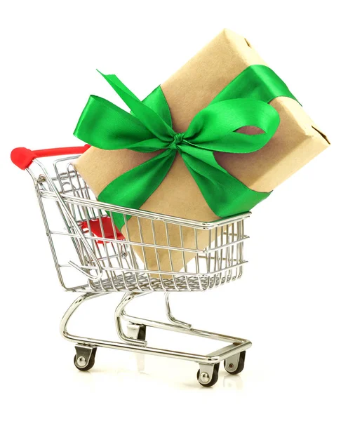 Gift with light green ribbon in the shopping cart — Stock Photo, Image