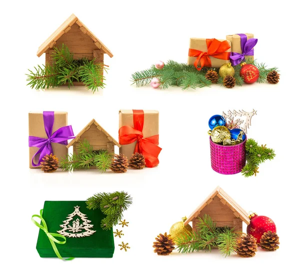 Set of miniature real estate house, presents, glossy balls, fres — Stock Photo, Image