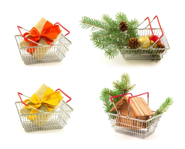 Set of metal baskets with New Year and Christmas gifts, twigs, g — Stock Photo, Image