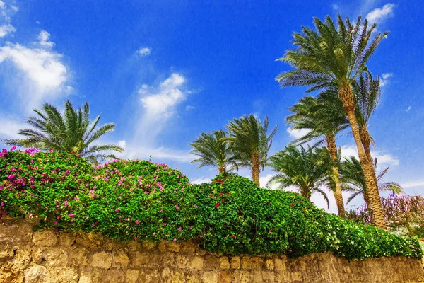Brick wall with flowers, palms and blue sky