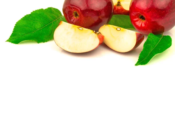 Macro View Red Apple Slices Green Leaves White Background — Stock Photo, Image