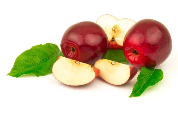 Macro View Red Apple Slices Green Leaves Isolated White Background — Stock Photo, Image