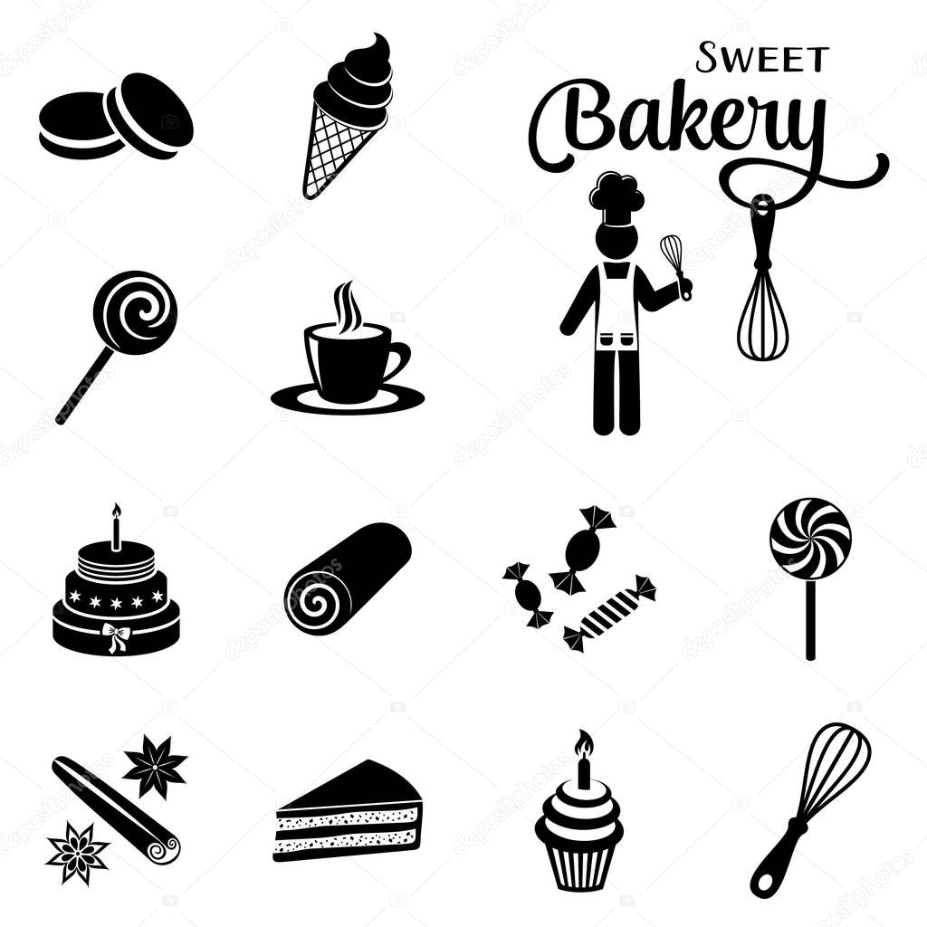 Black vector bakery and sweets silhouette icons collection